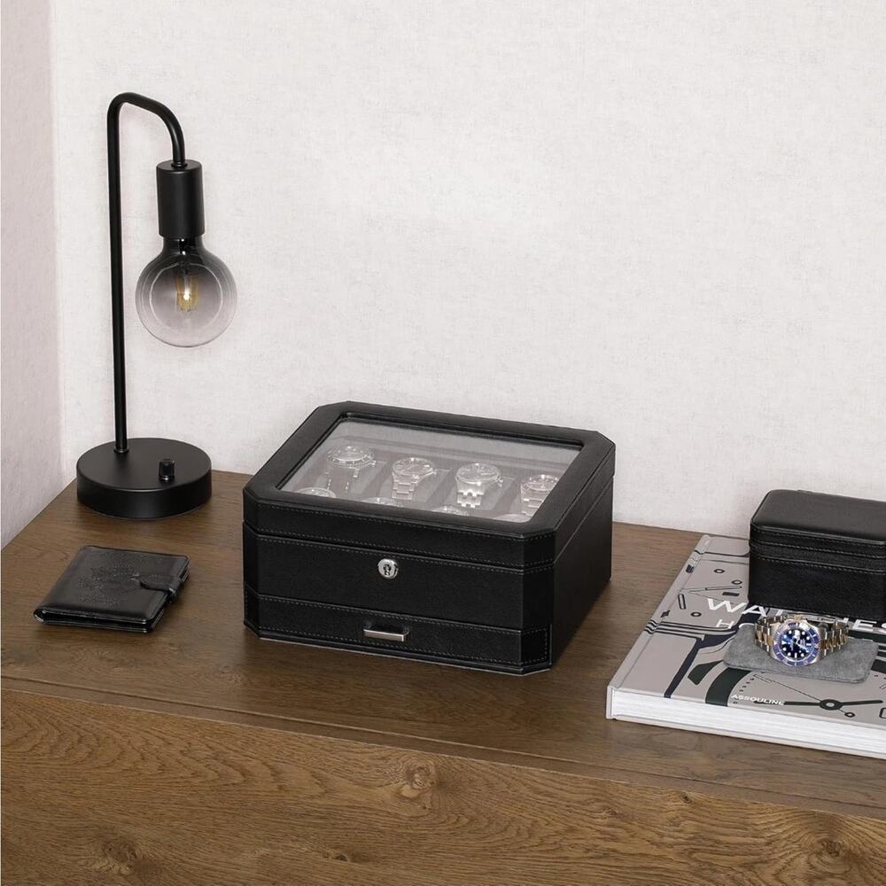 Luxury 8 Slot Leather Watch Box with Valet Drawer - Black/Grey Organizer - Picture 3 of 7